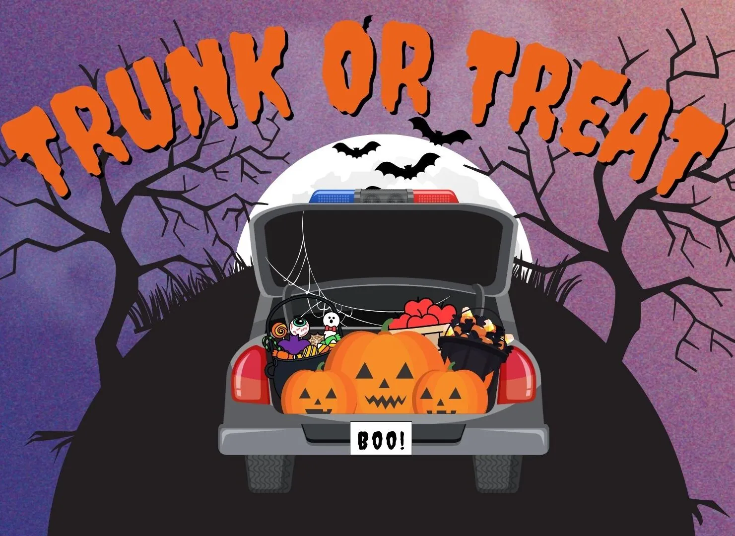 Trunk or Treat event illustration with Halloween-themed items in a car trunk, pumpkins, candy, and cobwebs, under a spooky sky.