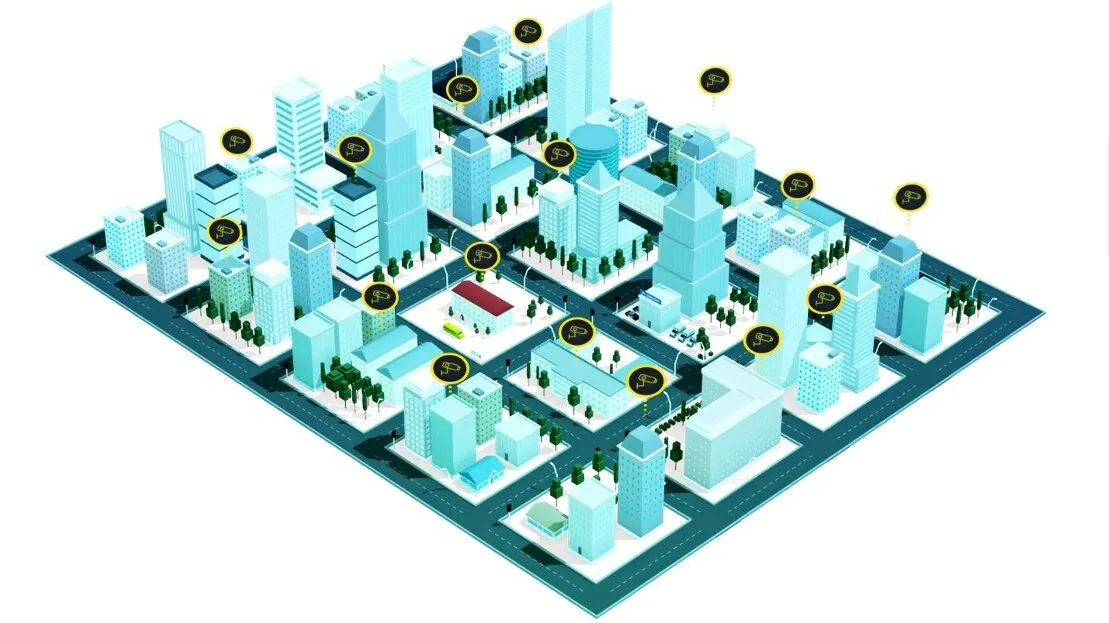 City illustration with buildings and Camera sign symbols throughout.