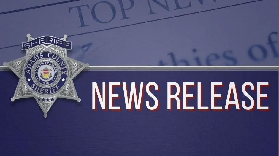 Adams County Sheriff badge and "NEWS RELEASE" text on blue background