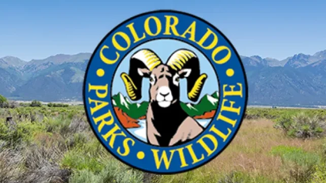 Colorado Parks Wildlife logo with a ram over a mountain landscape scene in the background